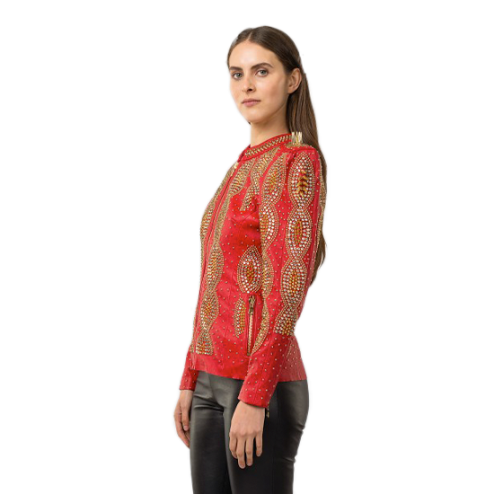Red Leather Swarovski Embellished Jacket