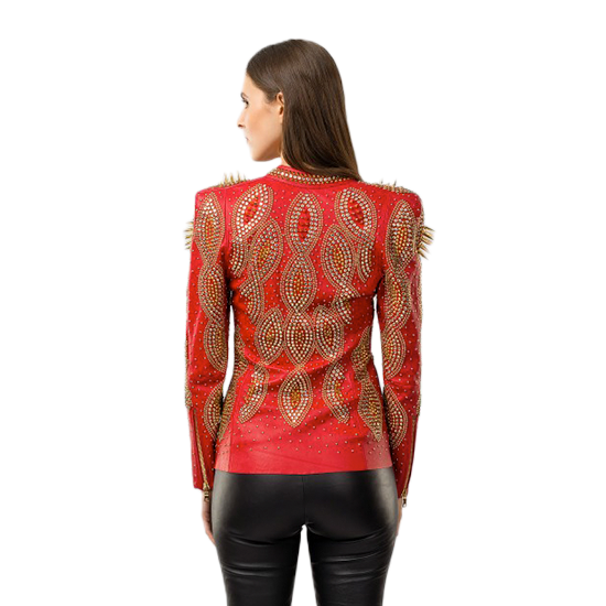 Red Leather Swarovski Embellished Jacket