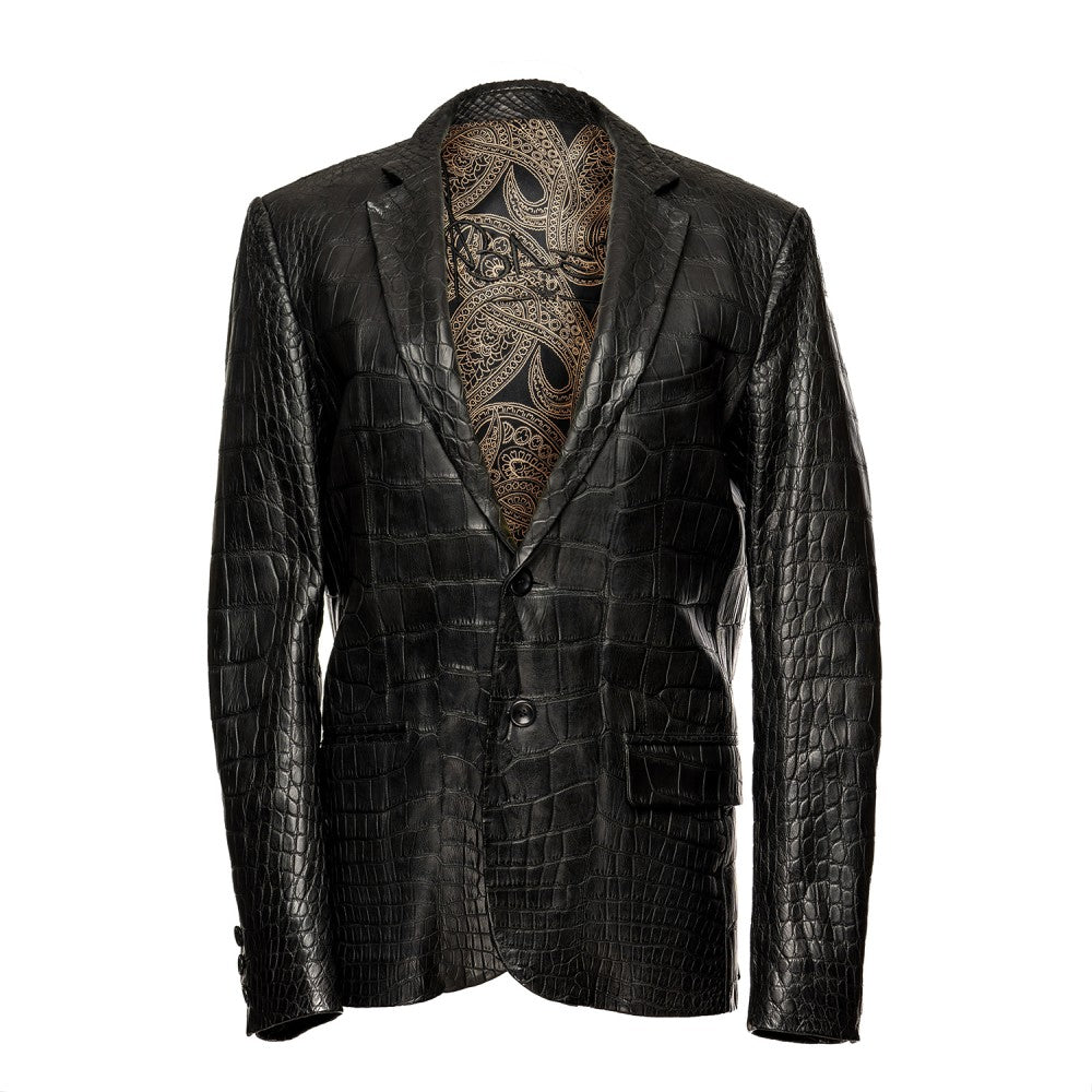 Black Alligator Skin Blazer with Lapel Collar