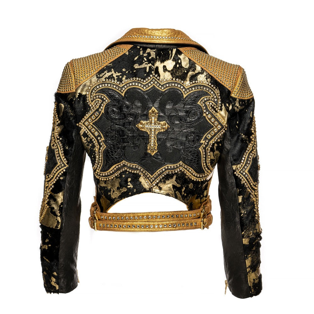 Gold Sheepskin Biker Jacket with Swarovski Accents