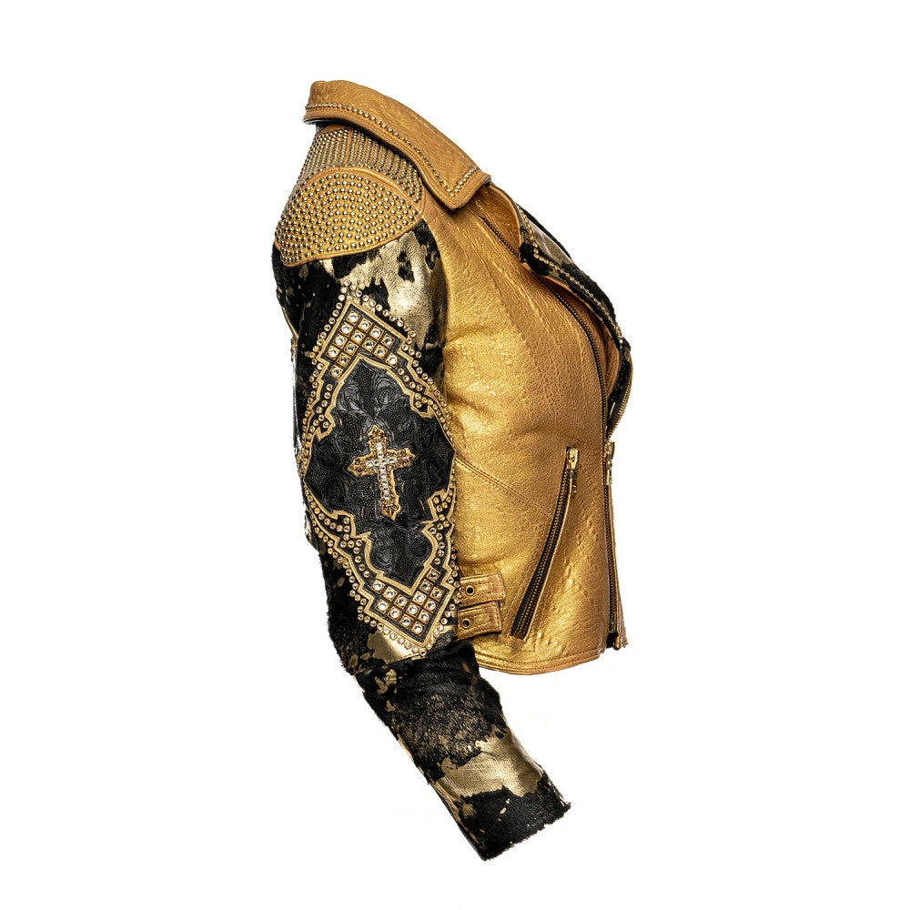 Gold Sheepskin Biker Jacket with Swarovski Accents