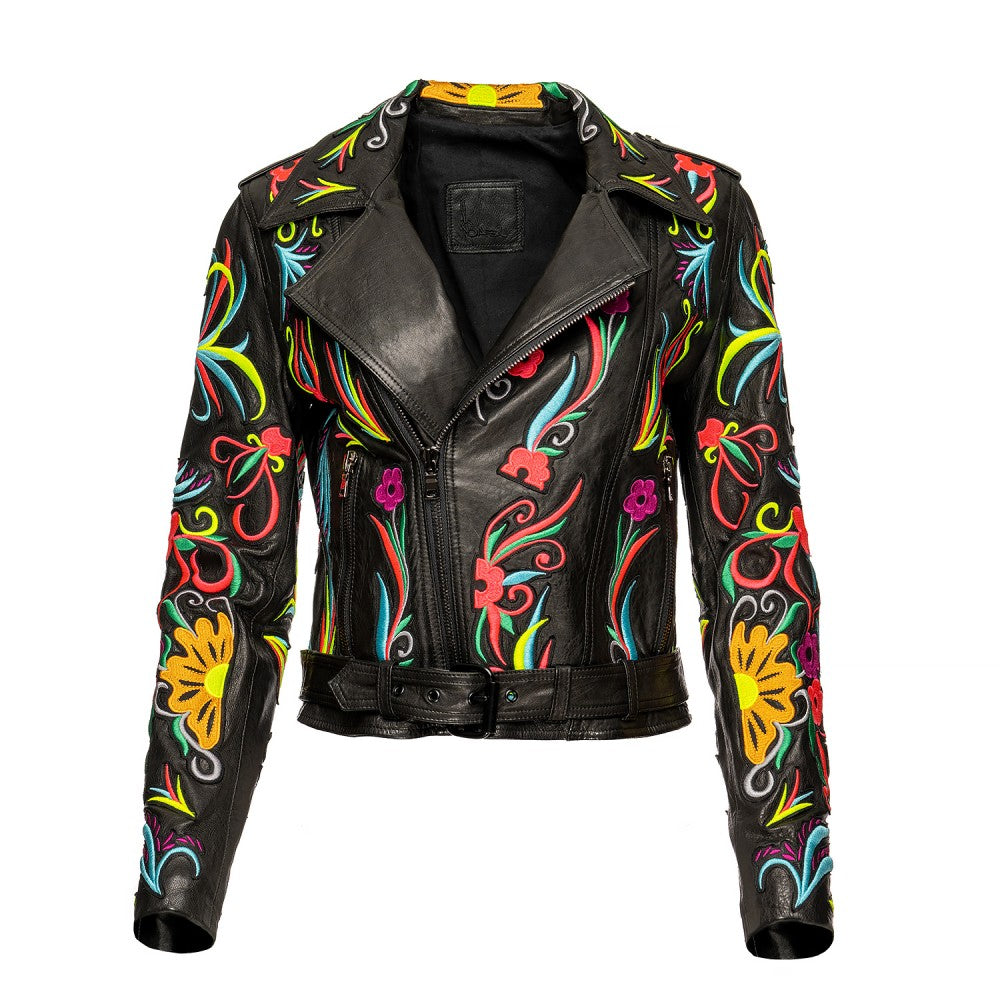 Embroidered Sheepskin Biker Jacket