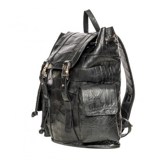 Black Crocodile Embossed Leather Backpack