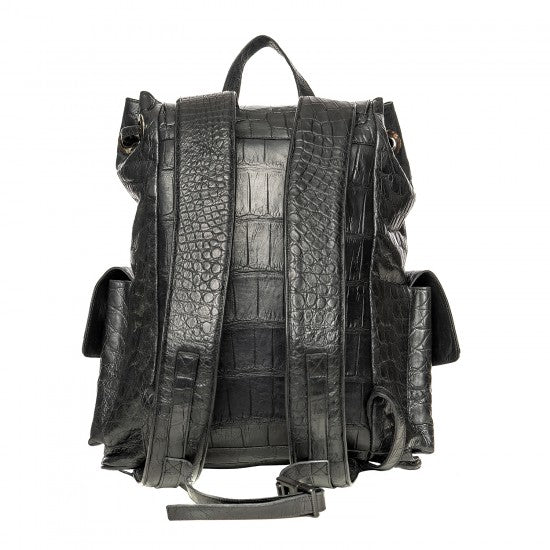 Black Crocodile Embossed Leather Backpack