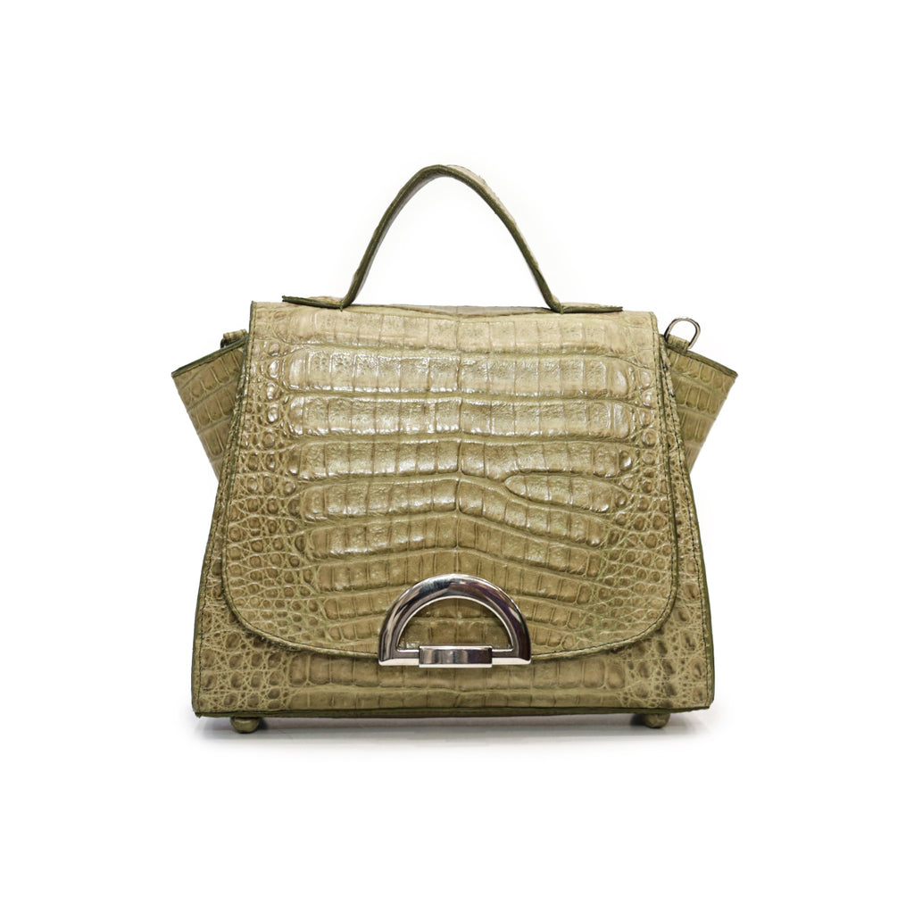 Green Caiman Leather Structured Handbag