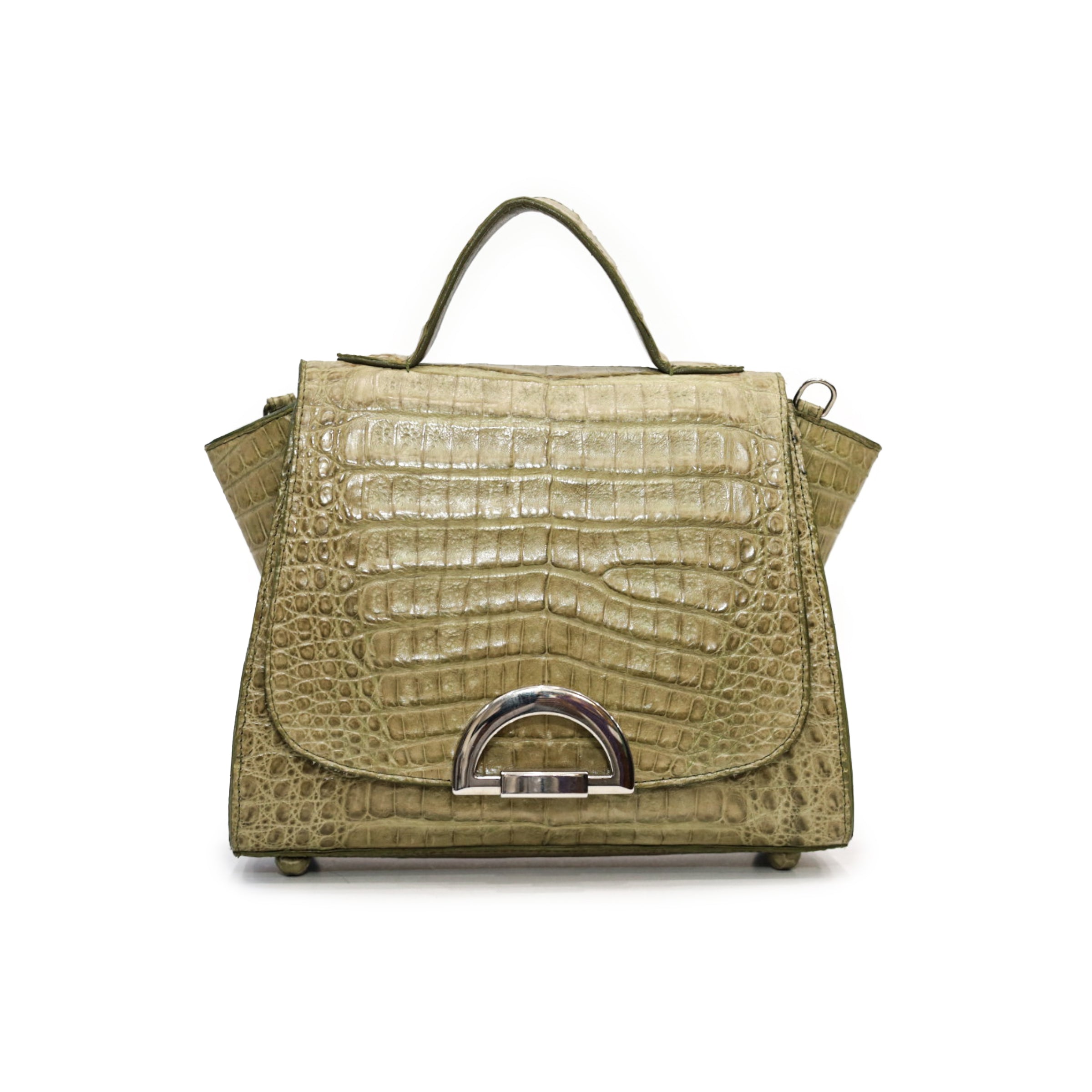 Green Caiman Leather Structured Handbag