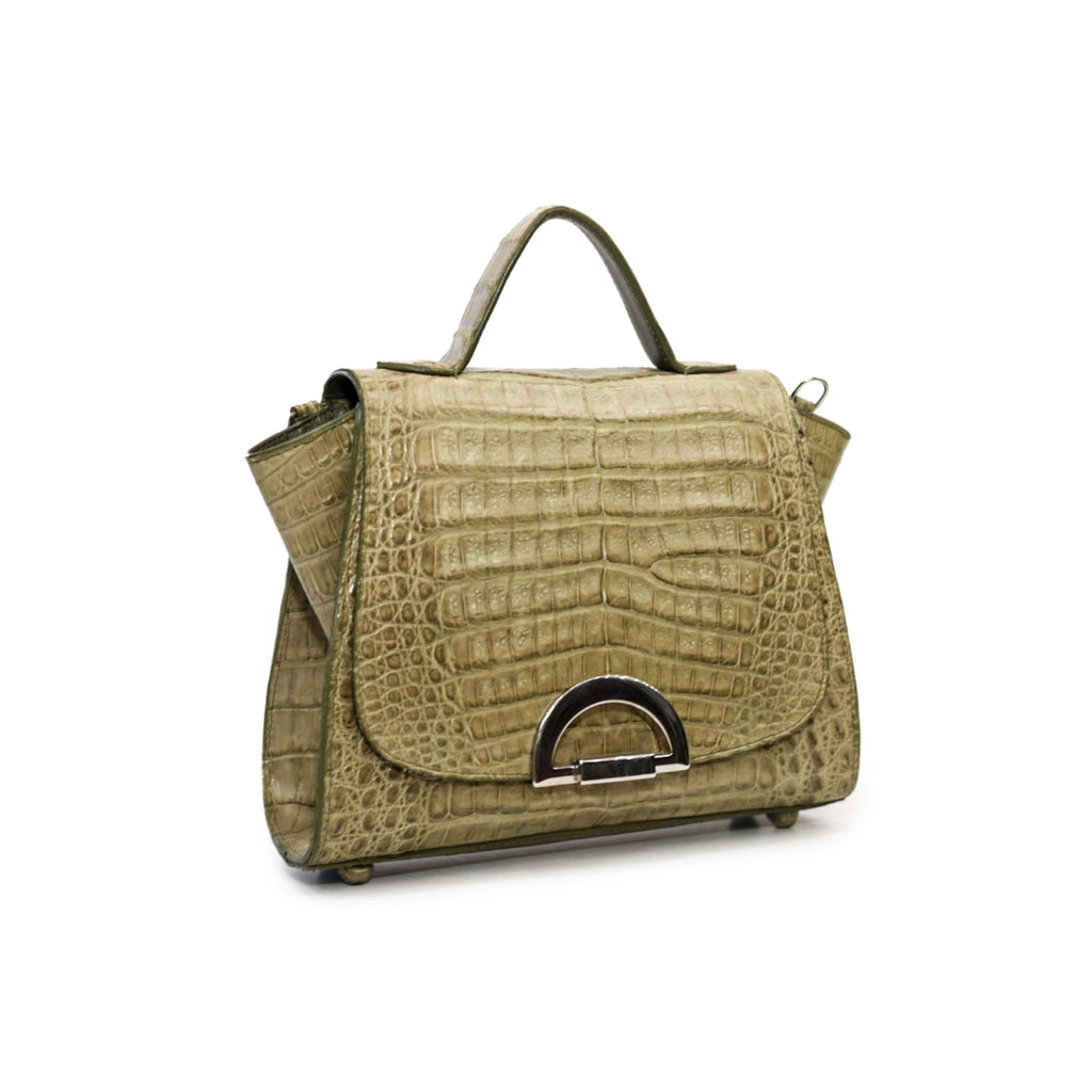 Green Caiman Leather Structured Handbag