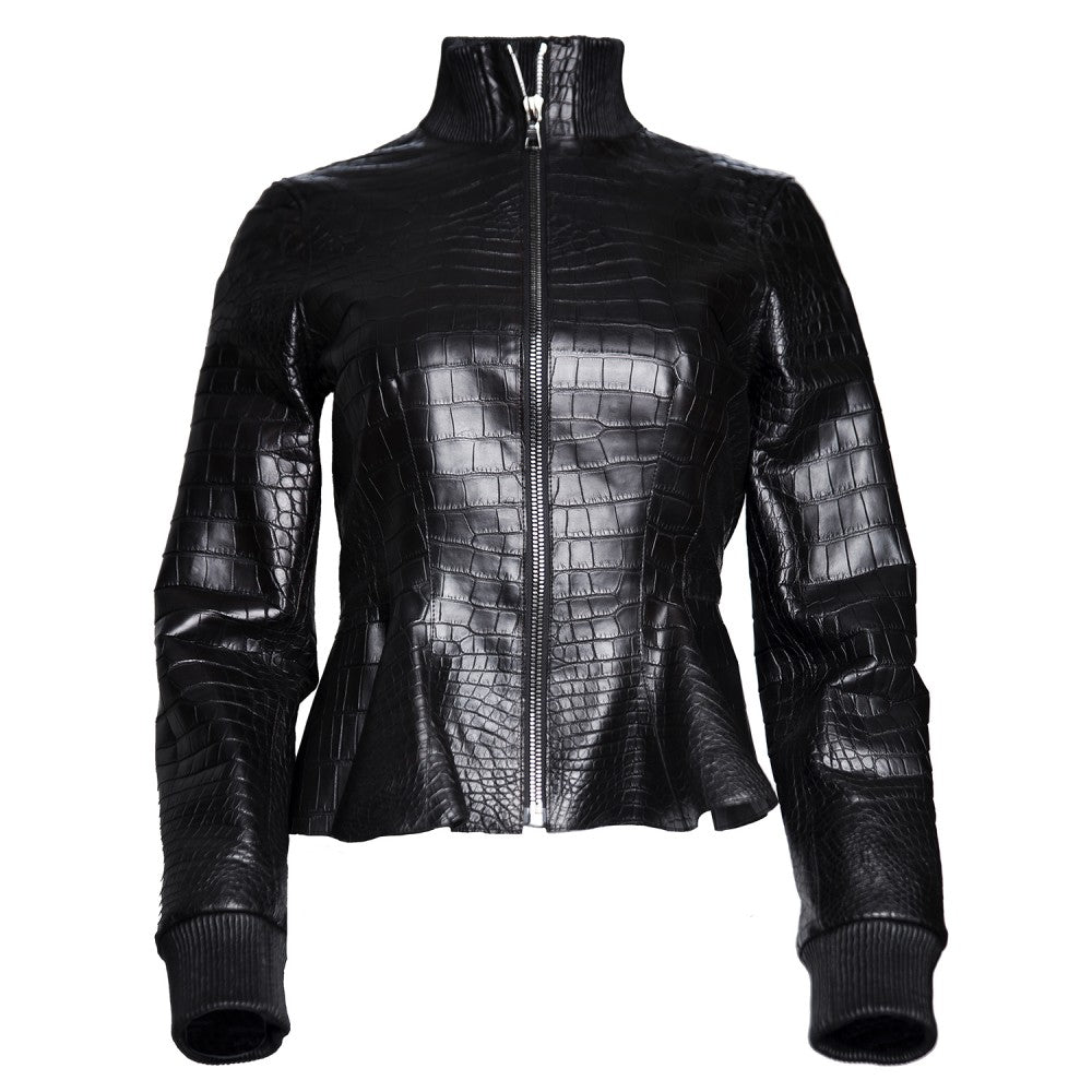 Chaqueta de piel de cocodrilo negra con cuello elástico