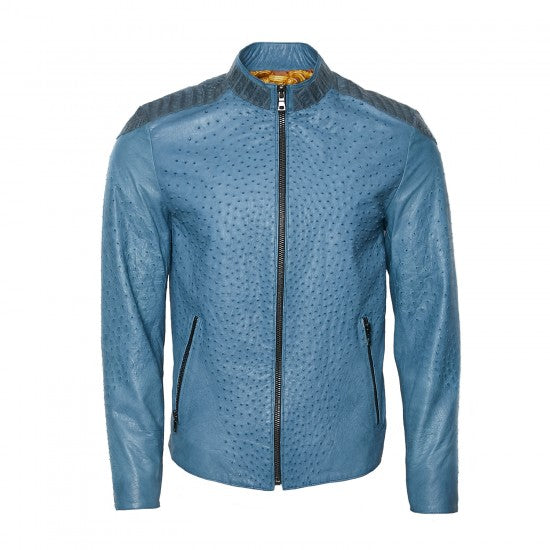 Blue Ostrich Leather Jacket with Alligator Accents