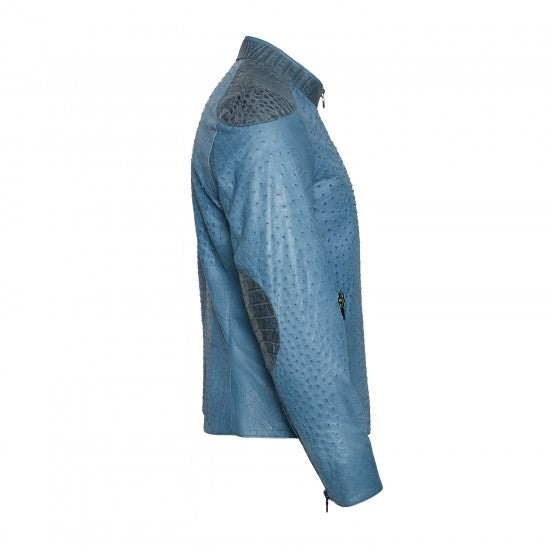 Blue Ostrich Leather Jacket with Alligator Accents