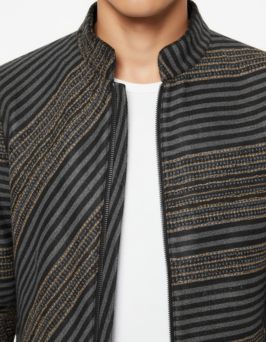 Striped Leather Zip Jacket