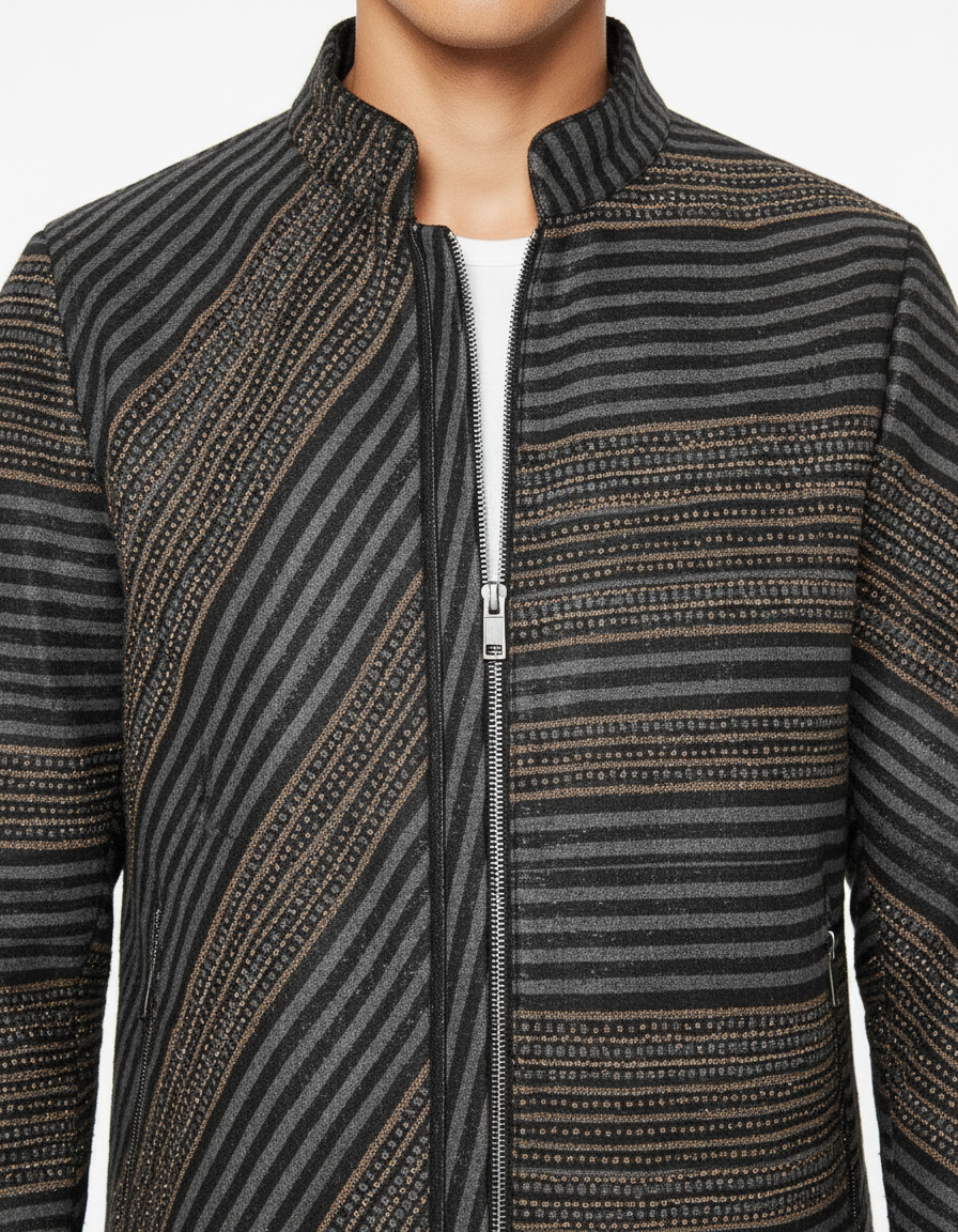 Striped Leather Zip Jacket