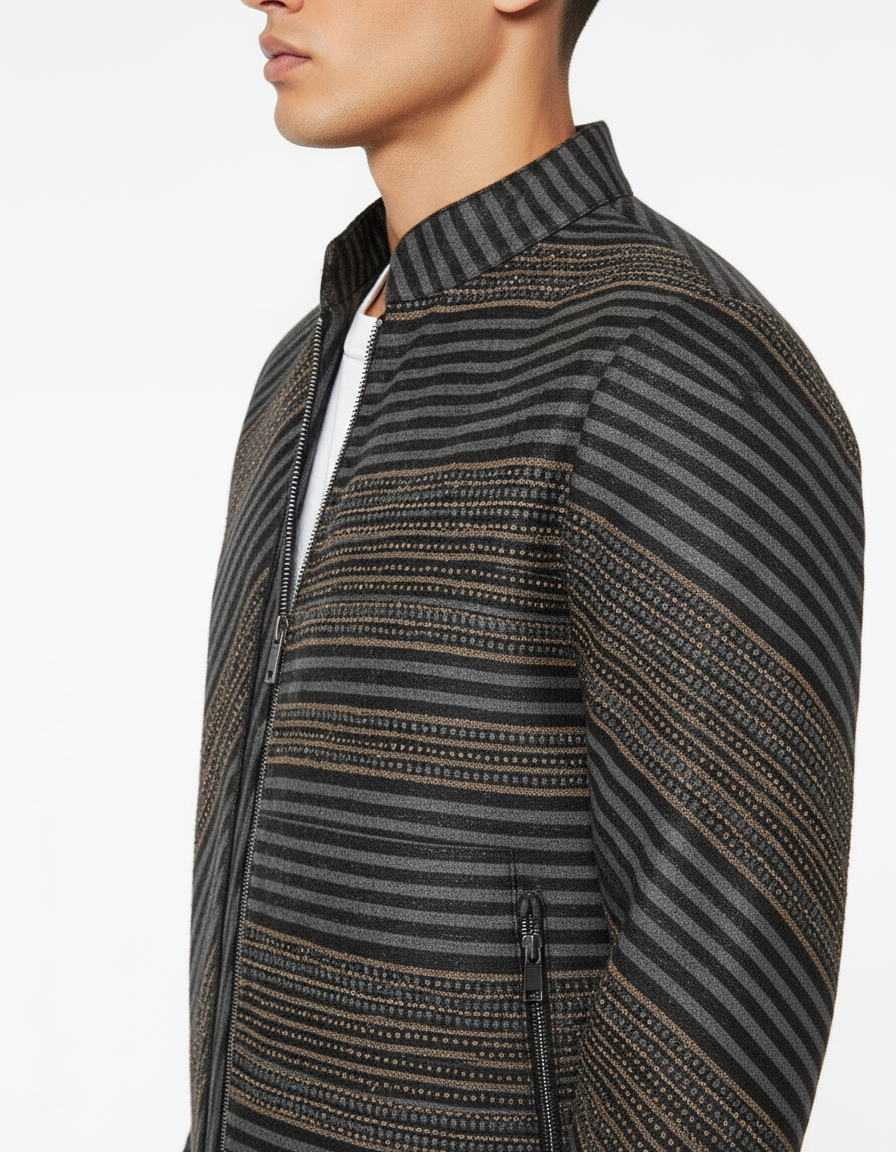 Striped Leather Zip Jacket