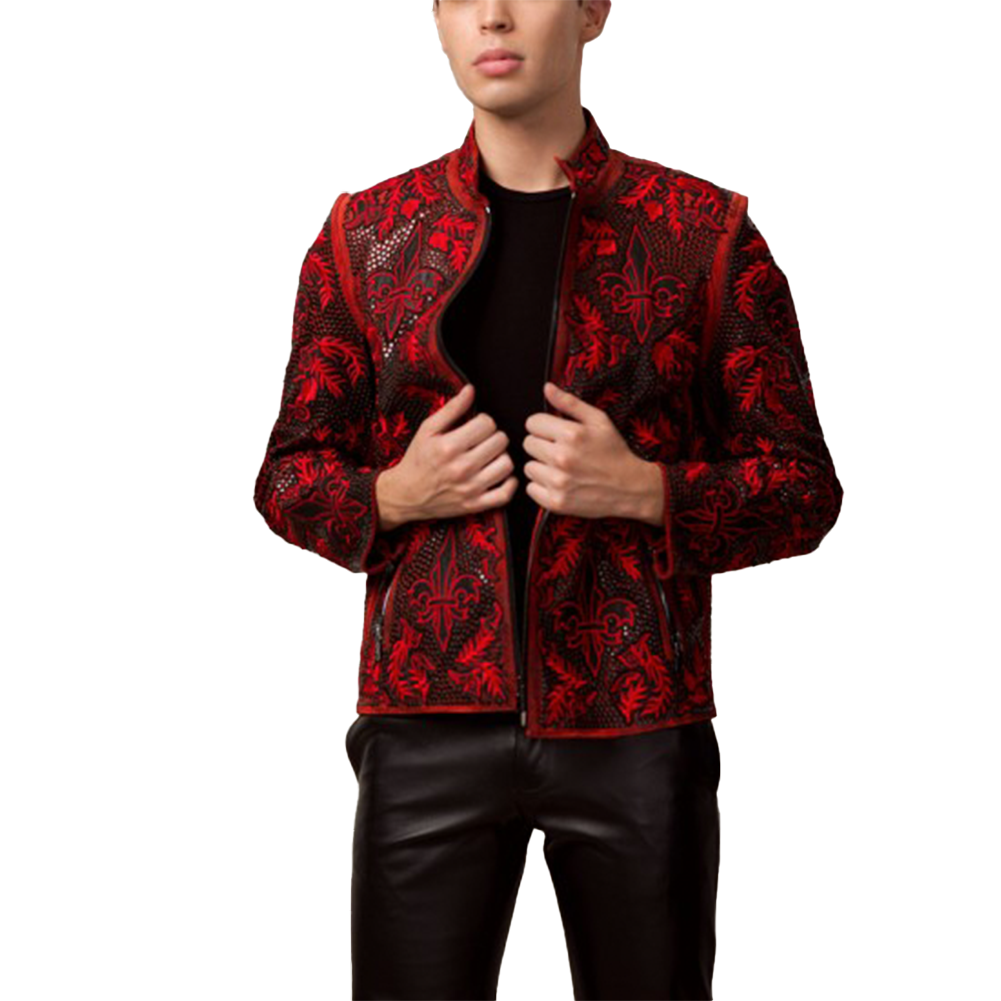 Red Embroidered Sheepskin Jacket with Metal Accents