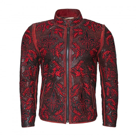 Red Embroidered Sheepskin Jacket with Metal Accents