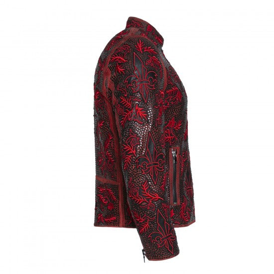 Red Embroidered Sheepskin Jacket with Metal Accents