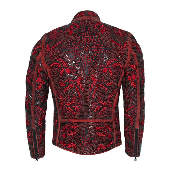 Red Embroidered Sheepskin Jacket with Metal Accents