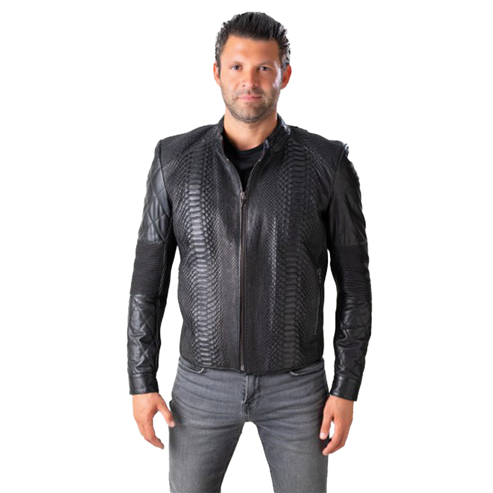 Black Python Snake Skin Jacket with Sheepskin Details