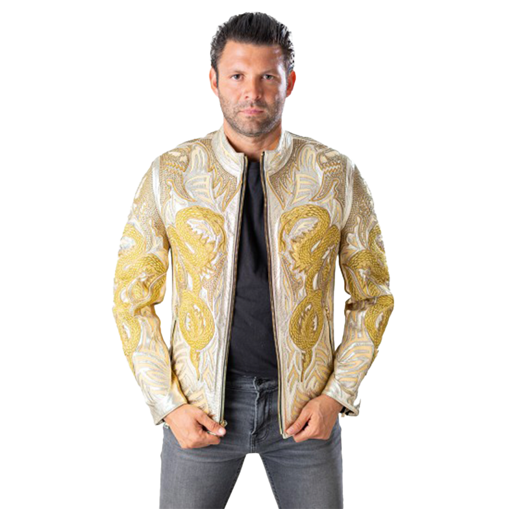 Gold Metallic Sheepskin Jacket with Embroidered Dragon Design