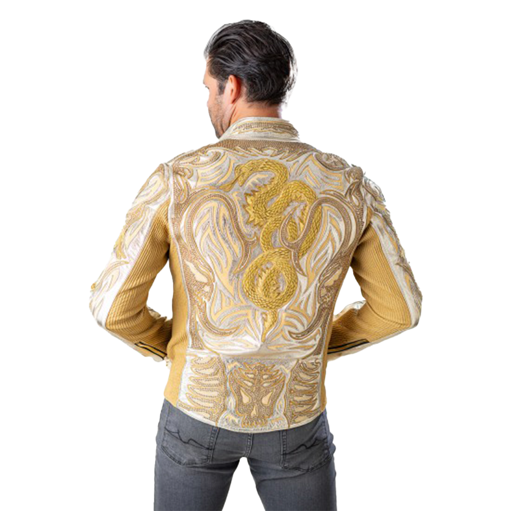 Gold Metallic Sheepskin Jacket with Embroidered Dragon Design