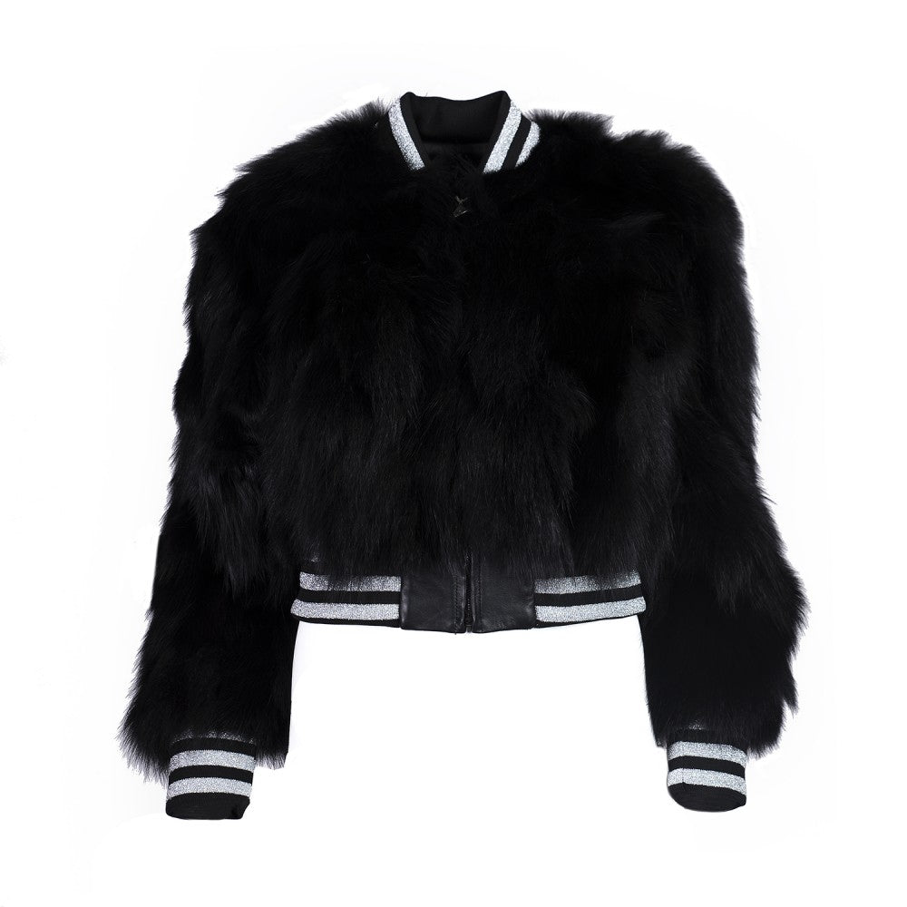 Chaqueta bomber de piel de zorro negra