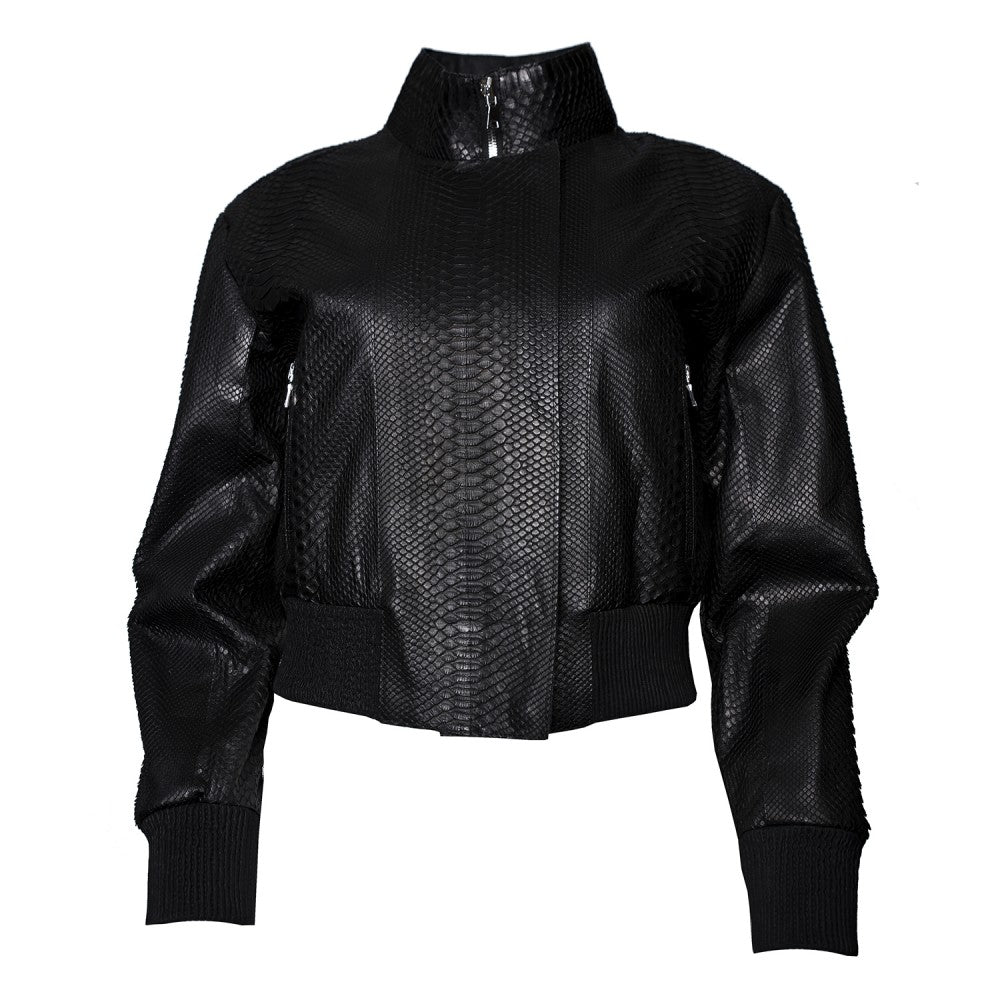 Python Skin Bomber Jacket with High Collar