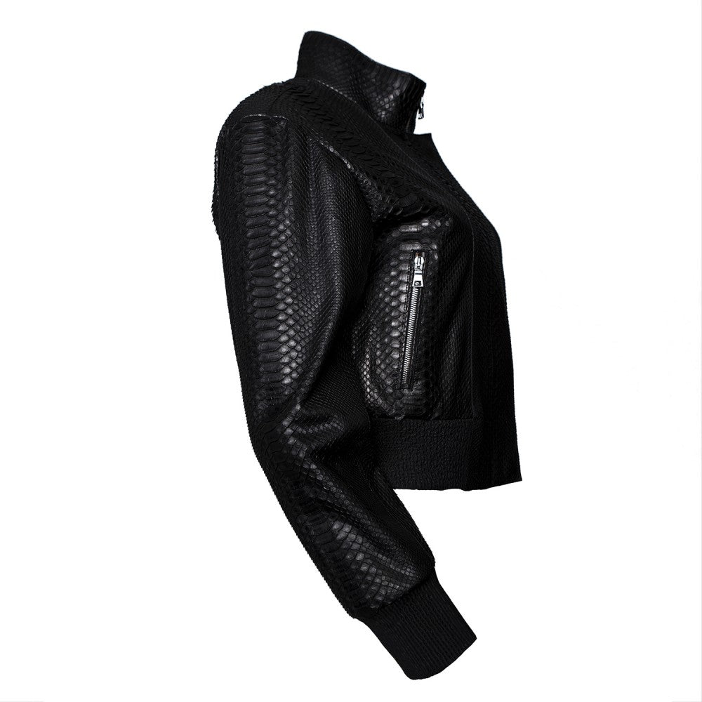 Python Skin Bomber Jacket with High Collar