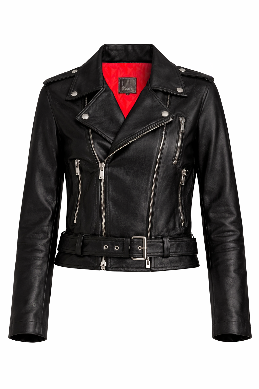 Leather Moto Jacket with Red Lining