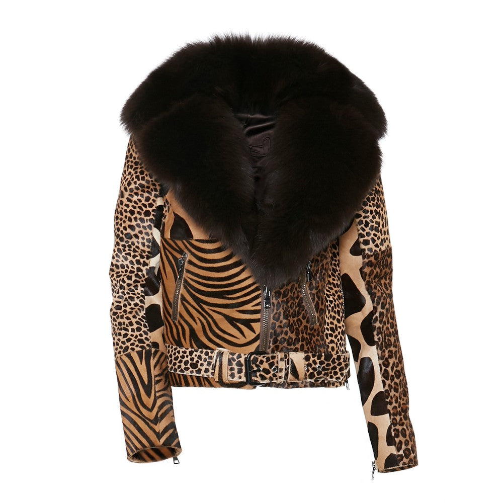 Animal Print Leather Jacket with Fox Lapel