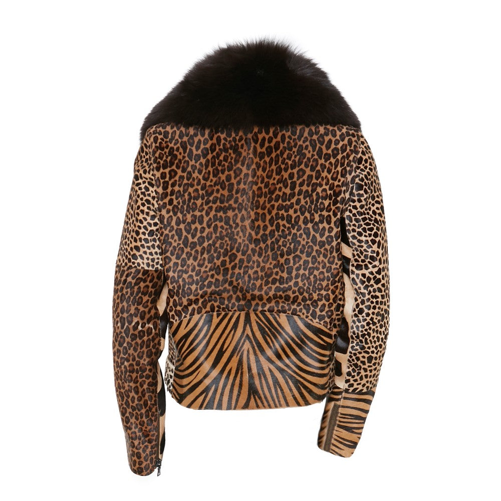 Animal Print Leather Jacket with Fox Lapel