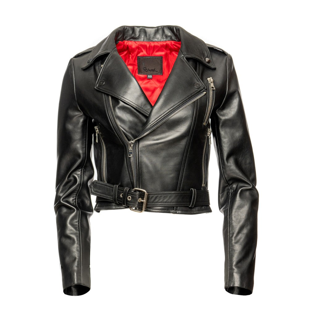 Chaqueta de motociclista de piel de oveja negra