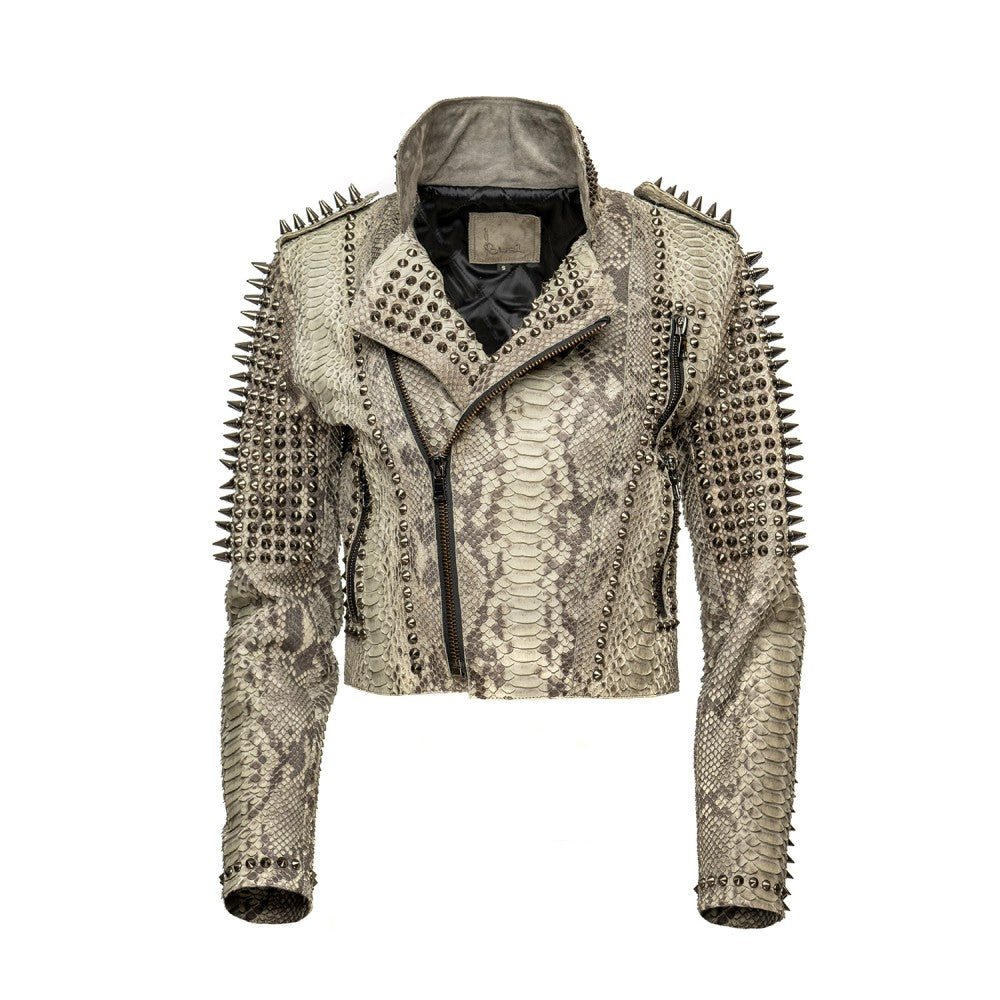 Python Snake Skin Biker Jacket with Metal Accents