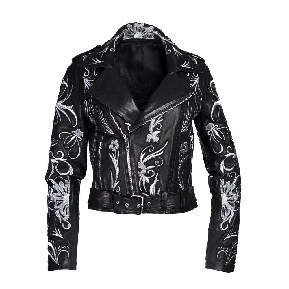 Embroidered Sheep Leather Biker Jacket