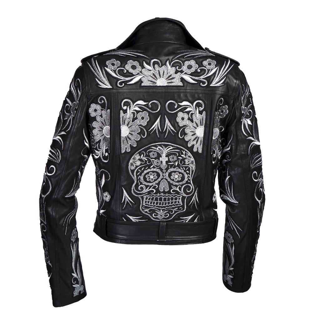 Embroidered Sheep Leather Biker Jacket