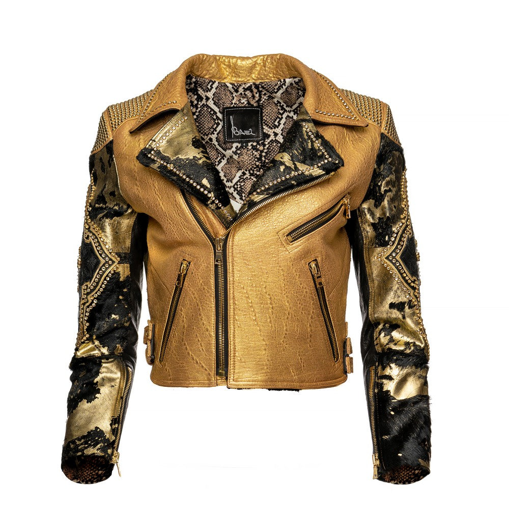 Gold Sheepskin Biker Jacket with Swarovski Accents