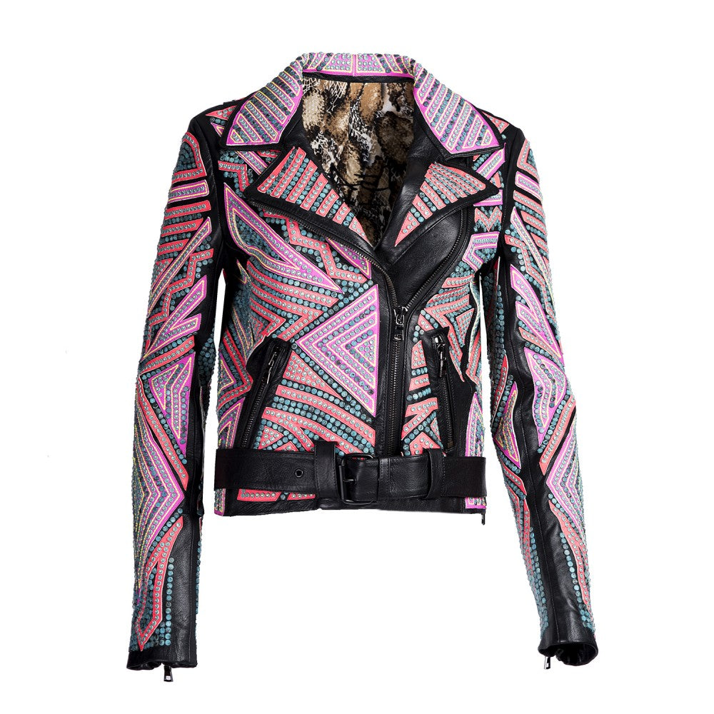Multicolored Swarovski Biker Leather Jacket