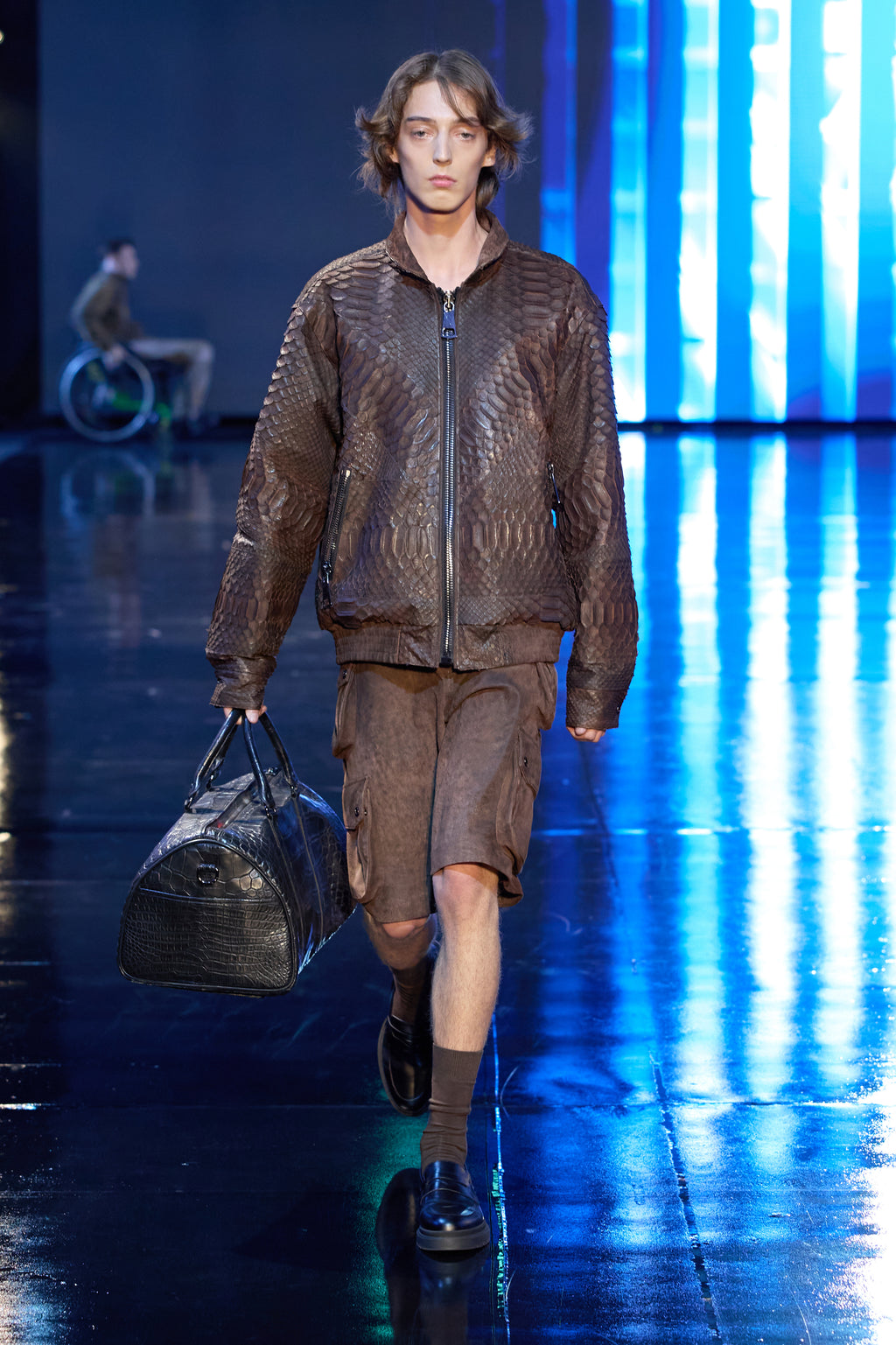 Brown Python Leather Bomber with Oversized Zipper Details