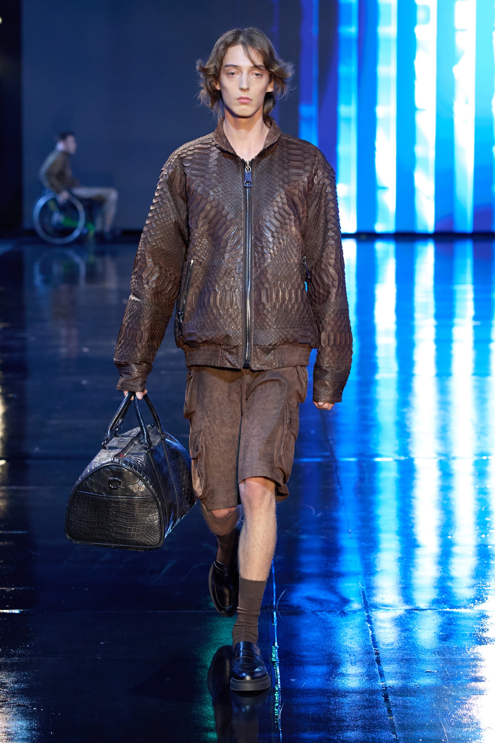 Brown Python Leather Bomber with Oversized Zipper Details