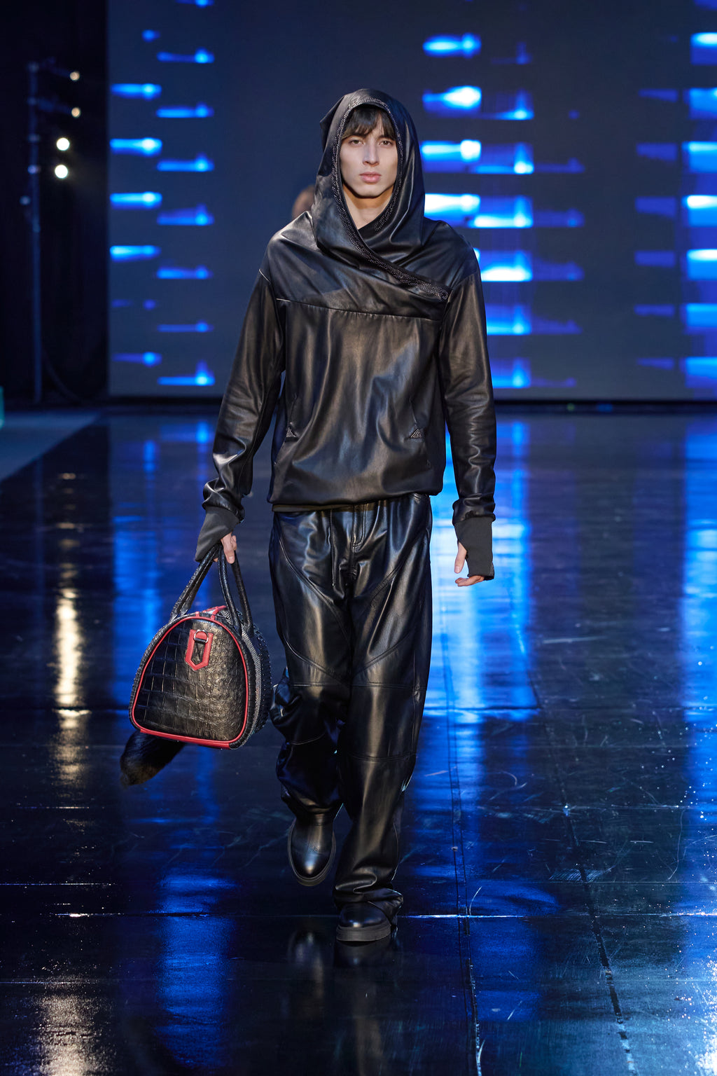 Black Leather Hoodie with Studded Detailing