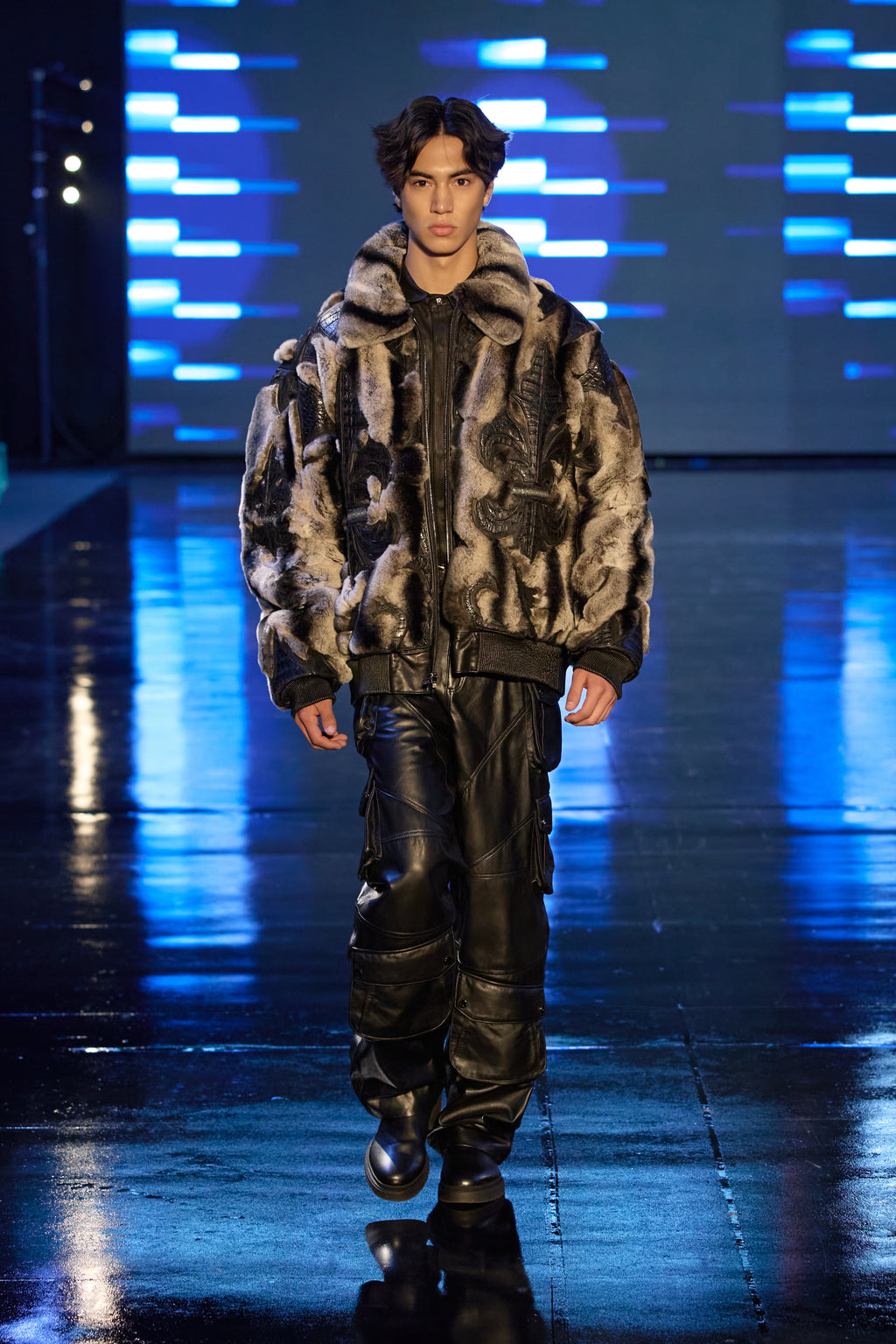 Two-Tone Rabbit Fur Bomber with Sculpted Alligator Leather Accents