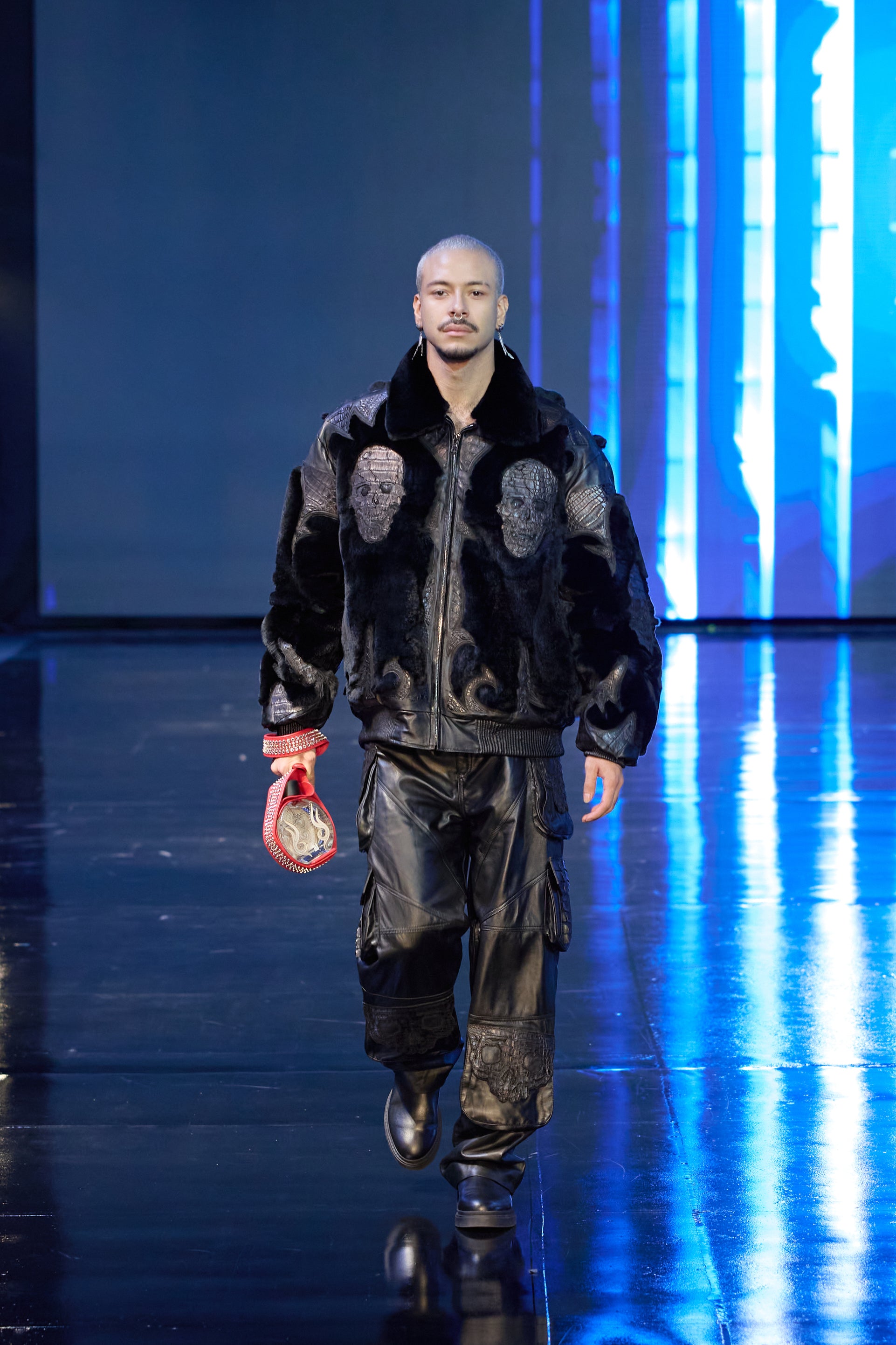 Sculpted Skull Bomber in Leather & Rex Fur