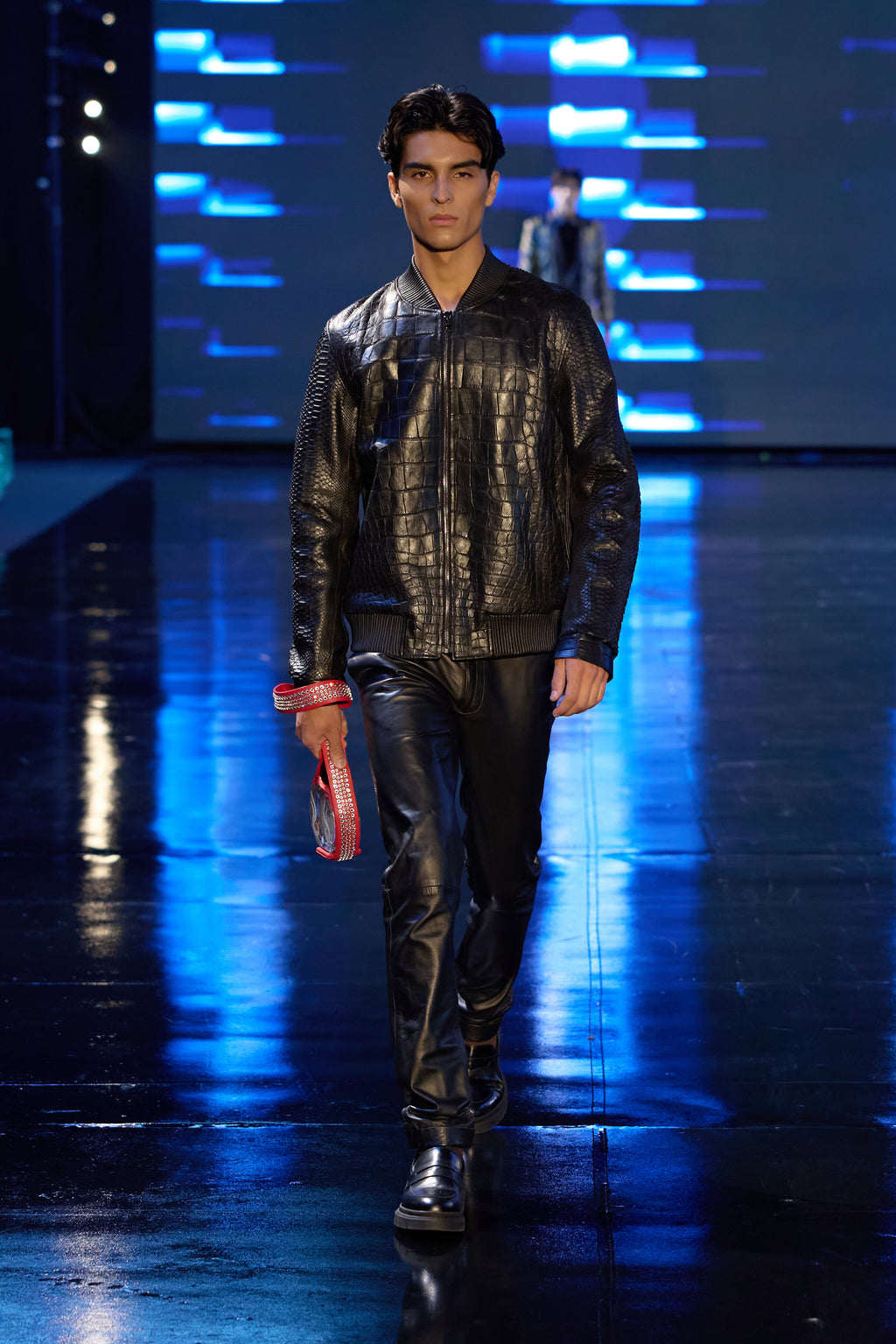 Black Lizard Leather Jacket with Python Sleeves