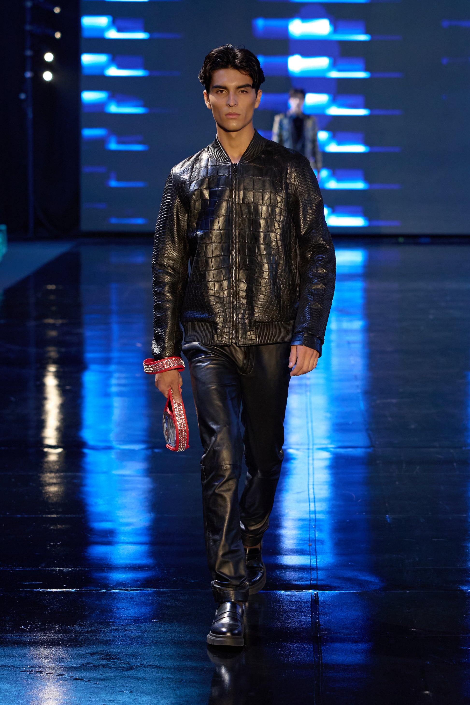 Black Lizard Leather Jacket with Python Sleeves
