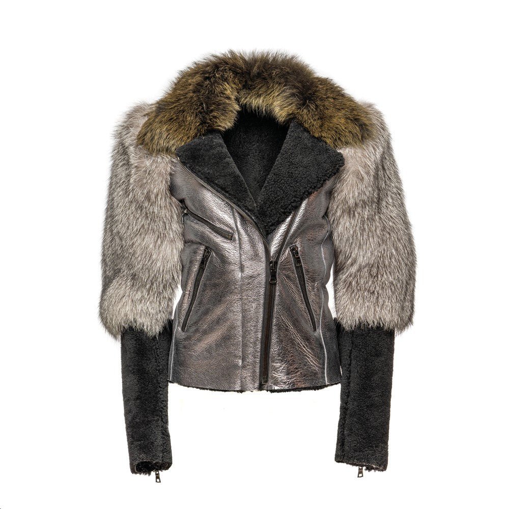 Metallic Sheepskin Jacket with Fox Fur Collar