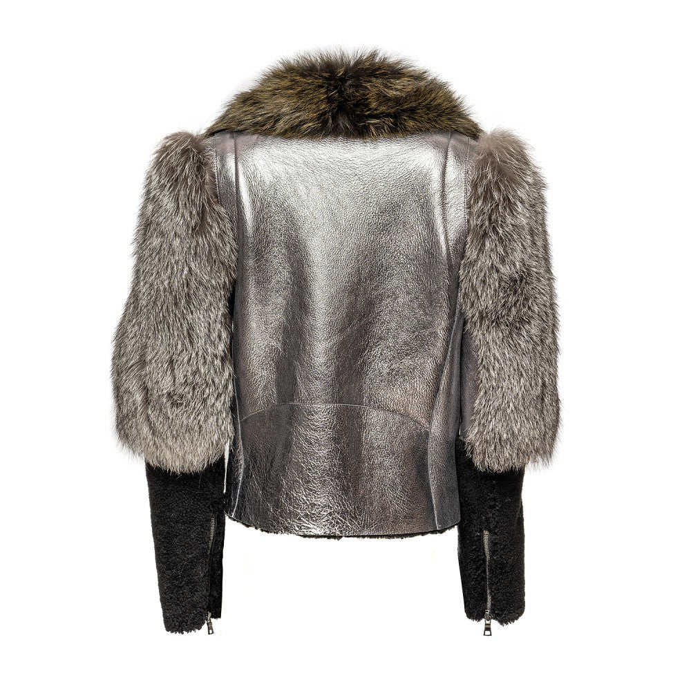 Metallic Sheepskin Jacket with Fox Fur Collar