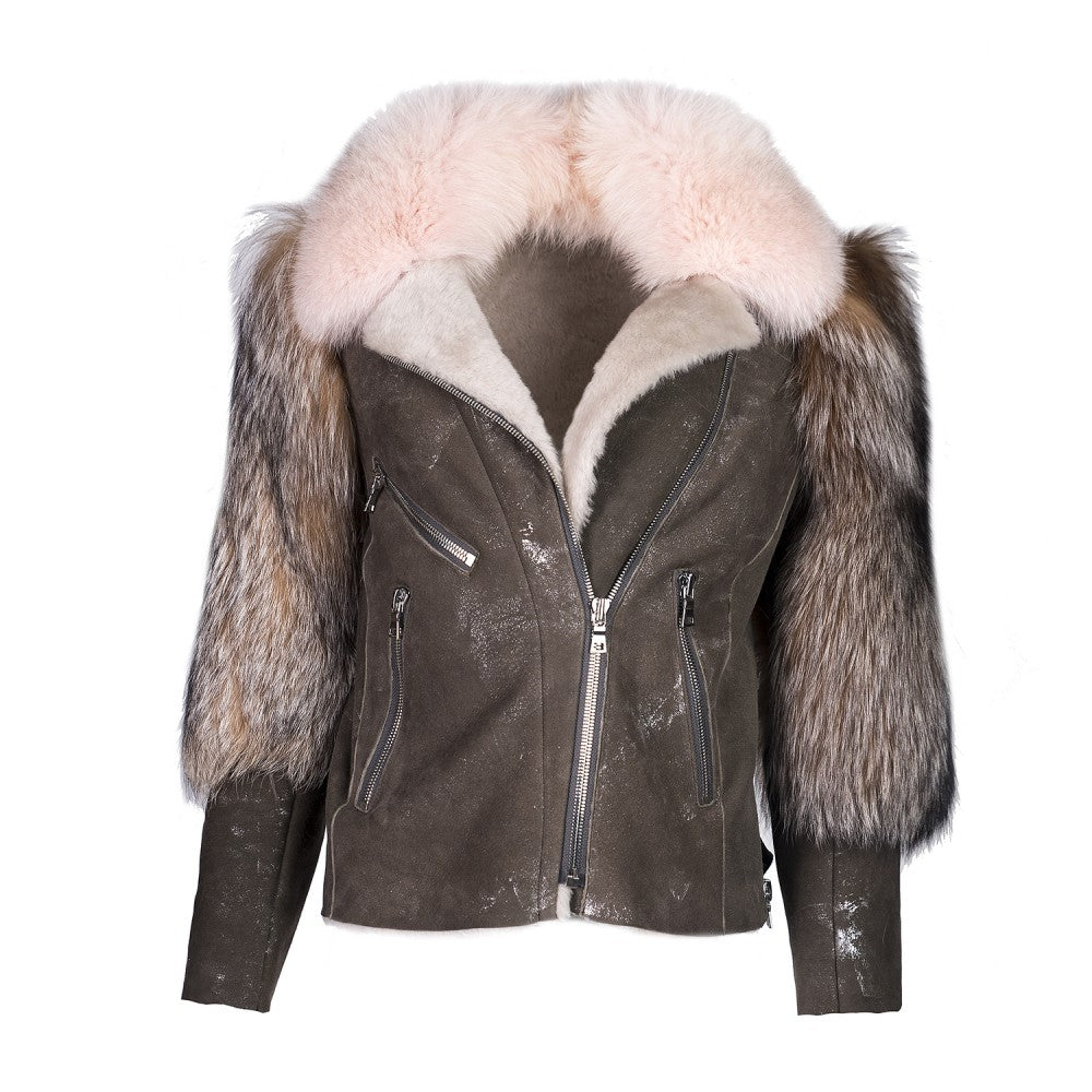 Metallic Sheepskin Aviator Jacket with Fox Collar