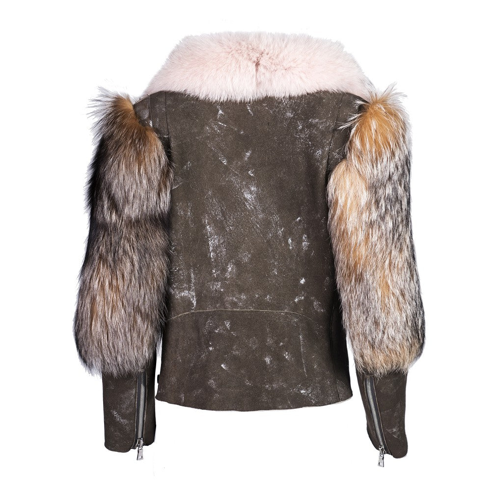Metallic Sheepskin Aviator Jacket with Fox Collar