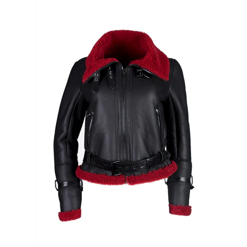 Black Shearling Aviator Jacket with Red Accents