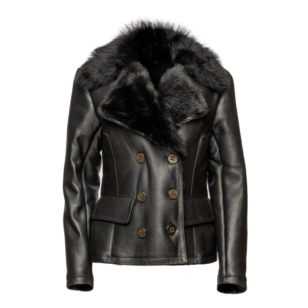Black Tuscan Sheepskin Jacket with Lapel Collar