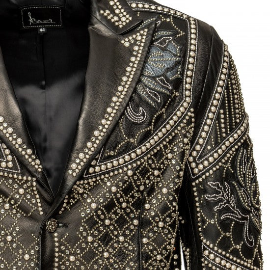 Embroidered Leather Jacket with Swarovski Accents